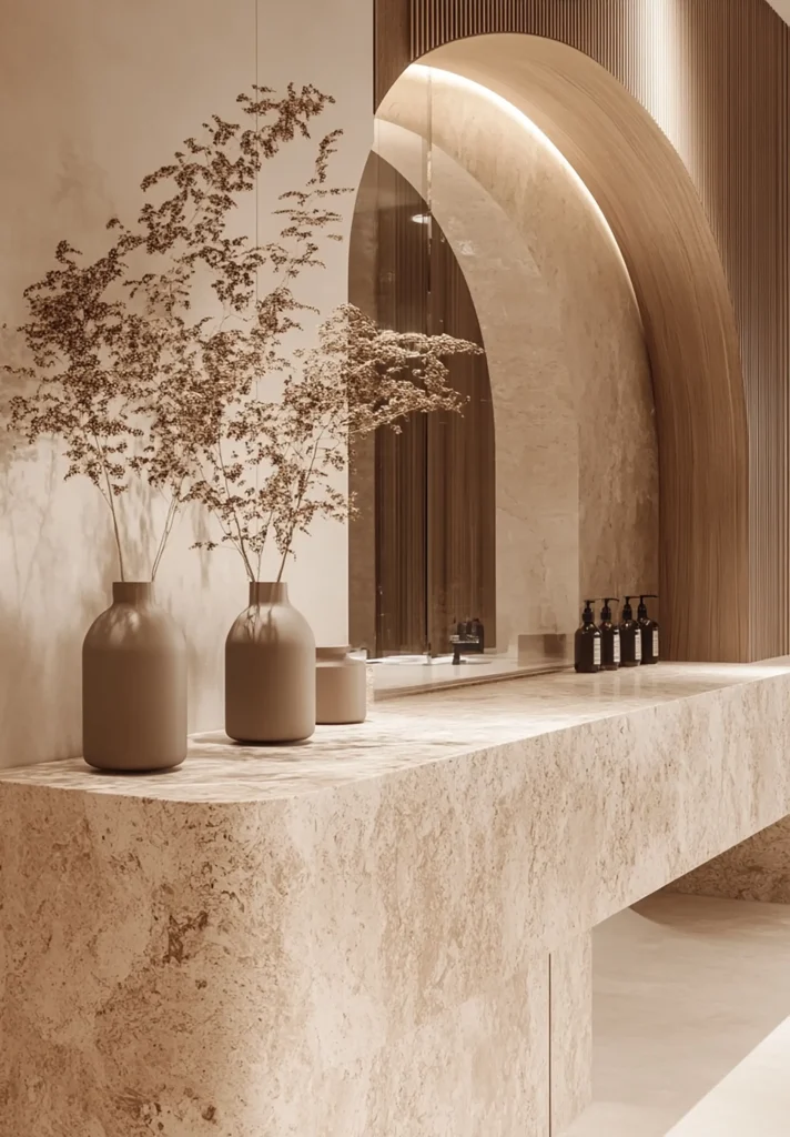 Minimalist luxury interior featuring natural stone walls, polished finishes, and modern furnishings.